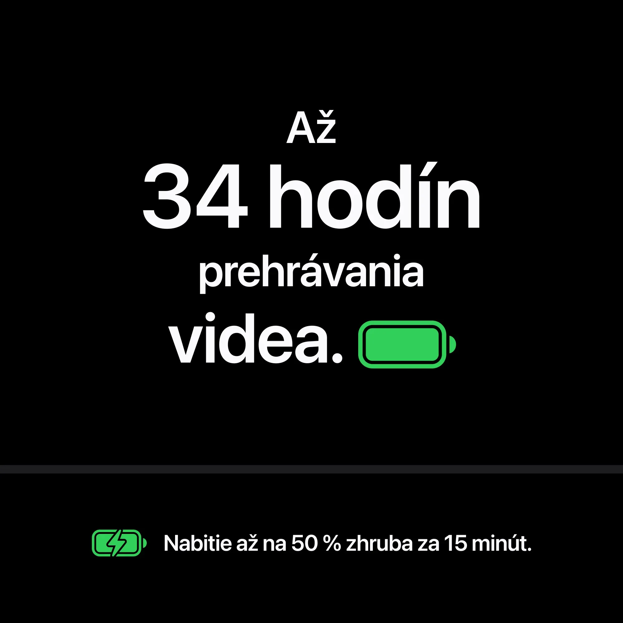 Až 34 hodín prehrávania videa, nabitie na 50 % za 15 minút